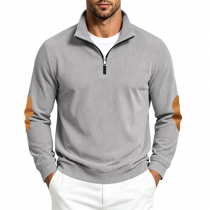 Men's Light Structured Half-Zip Pullover with Cord Elbow Patches and Stand-up Collar Mune Fashion