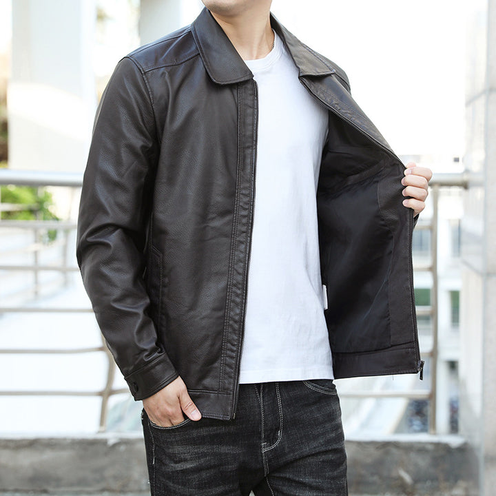 Men's Genuine Leather Blouson with Shirt Collar, Slim Fit and Concealed Zipper Mune Fashion