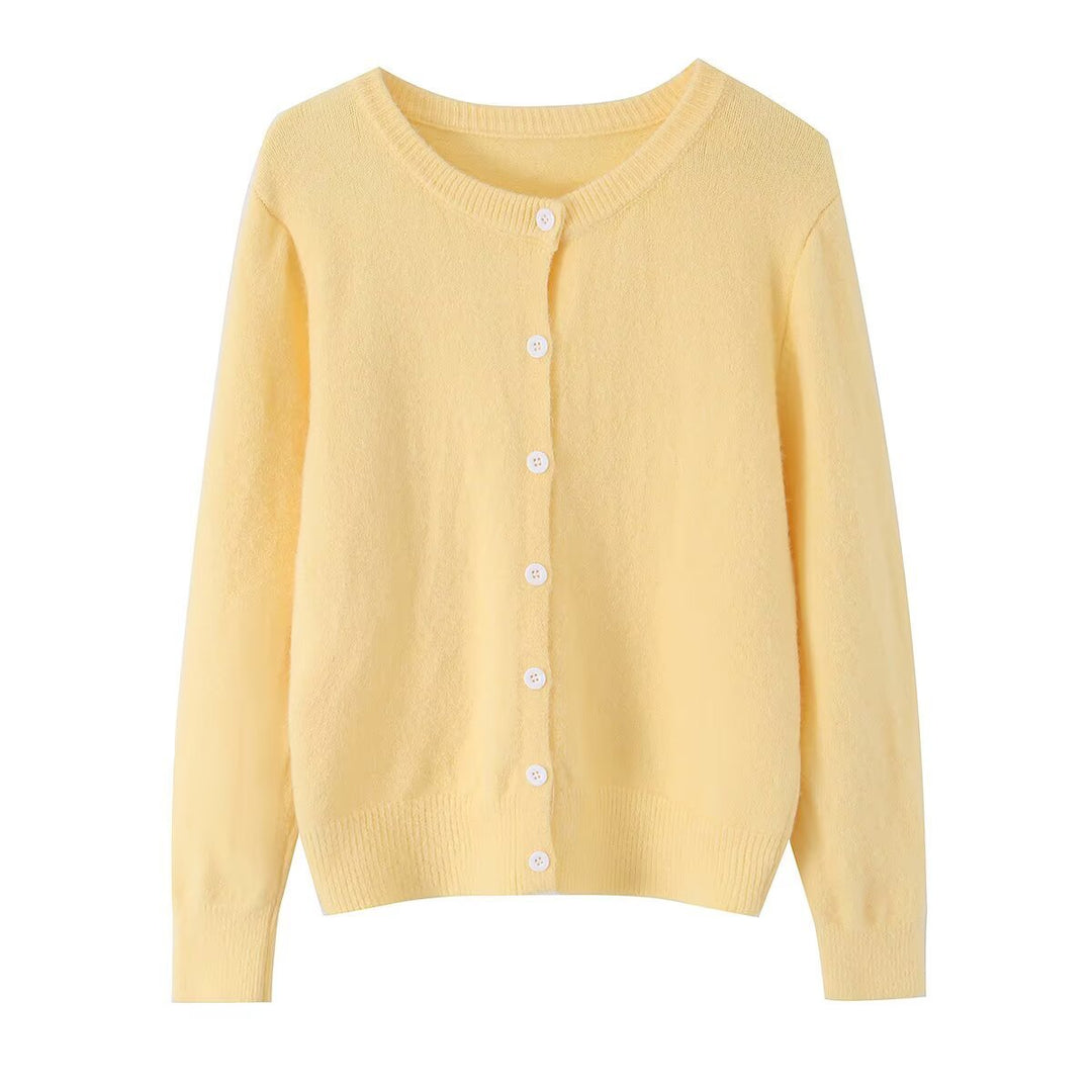 Women's lightweight fine knit cardigan with round neck, ribbed cuffs, and pearl buttons Mune Fashion