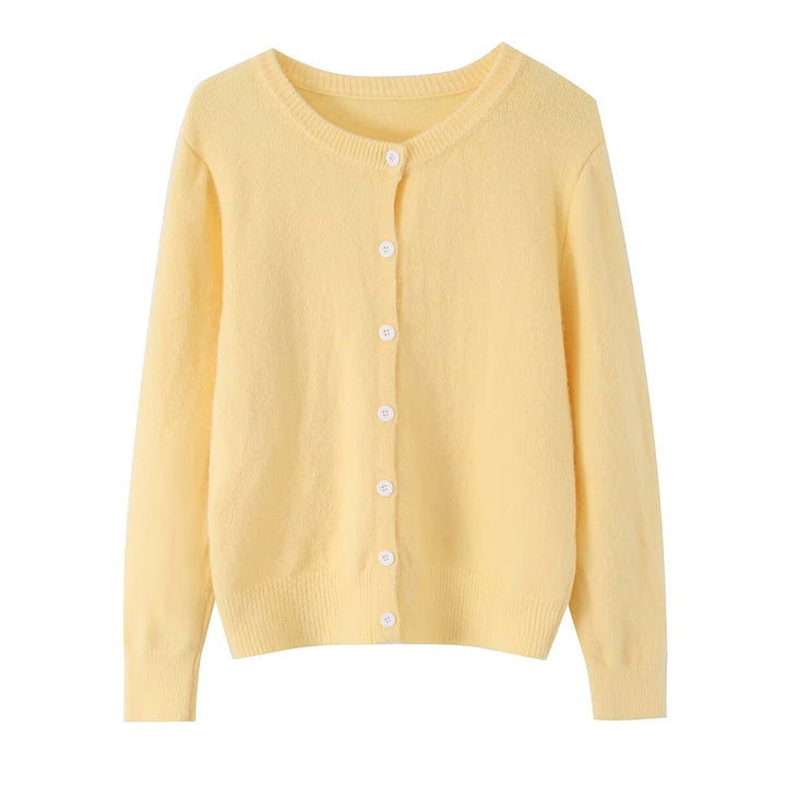 Women's lightweight fine knit cardigan with round neck, ribbed cuffs, and pearl buttons Mune Fashion