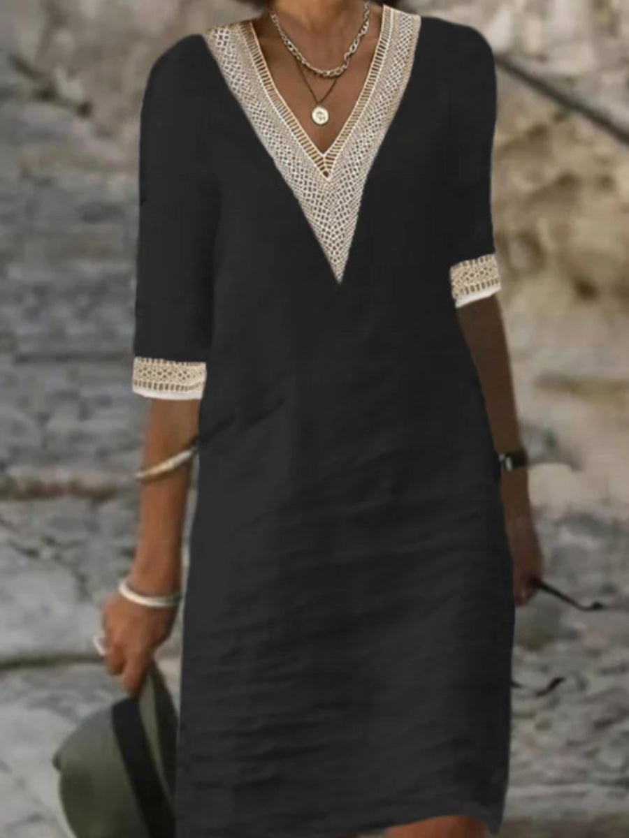 Ladies Linen Look Midi Dress with Crocheted V-Neck and 3/4 Sleeves Mune Fashion