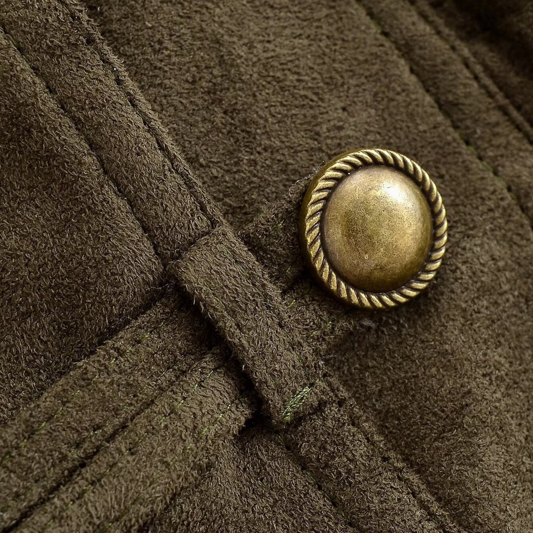 Women's Cropped Suede-Look Jacket with Shawl Collar, Waist Gather and Decorative Toggle Buttons Mune Fashion