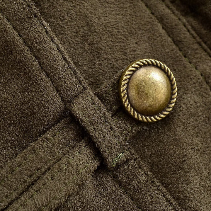Women's Cropped Suede-Look Jacket with Shawl Collar, Waist Gather and Decorative Toggle Buttons Mune Fashion