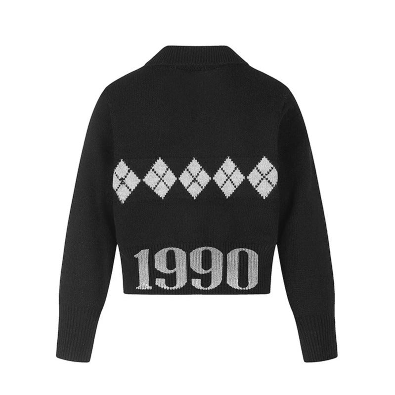 Women’s Cropped Knit Sweater with Polo Collar, Ribbed Hem and Argyle Pattern Mune Fashion
