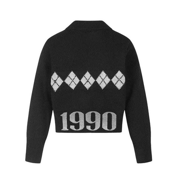 Women’s Cropped Knit Sweater with Polo Collar, Ribbed Hem and Argyle Pattern Mune Fashion
