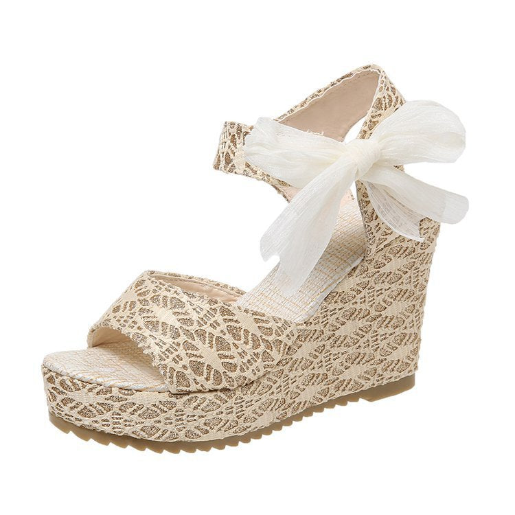 Women nan romantic wedge sandal with lace look and organza bow Mune Fashion