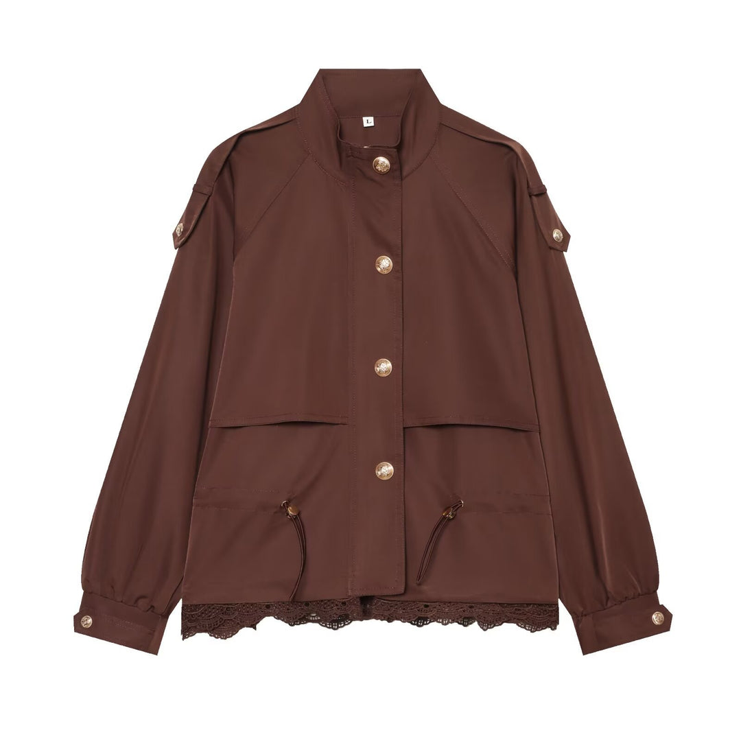 Women's lightweight field jacket with drawstring, stand-up collar, epaulettes, and lace trim Mune Fashion
