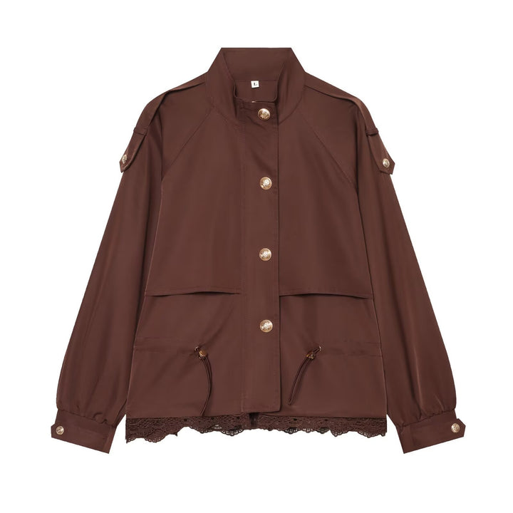 Women's lightweight field jacket with drawstring, stand-up collar, epaulettes, and lace trim Mune Fashion