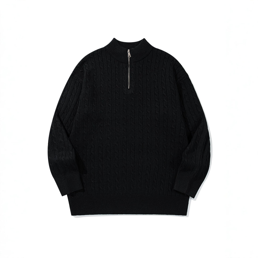 Unisex Cable Pattern Half-Zip Knit Sweater with High Ribbed Collar and Longer Hem Down