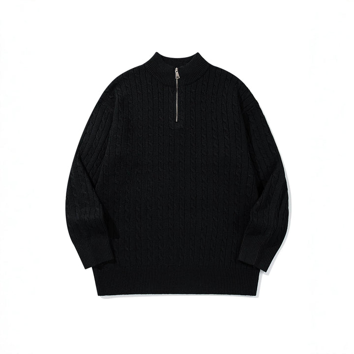 Unisex Cable Pattern Half-Zip Knit Sweater with High Ribbed Collar and Longer Hem Down