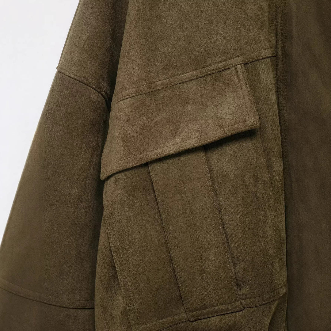 Women Oversize-Cropped Suede Look Jacket with Hood and Flap Pockets Mune Fashion