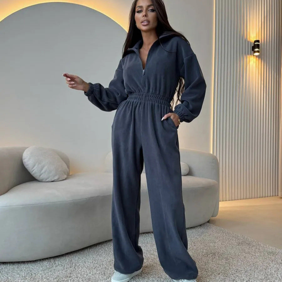 Women's Oversized Loungewear Jumpsuit with Half Zipper and Elastic Waist Gathering Mune Fashion