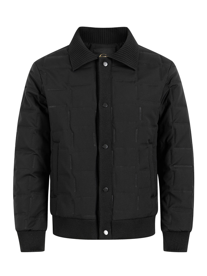 Men's short-cut quilted bomber jacket with ribbed collar, snap button placket, and geometric quilt Mune Fashion