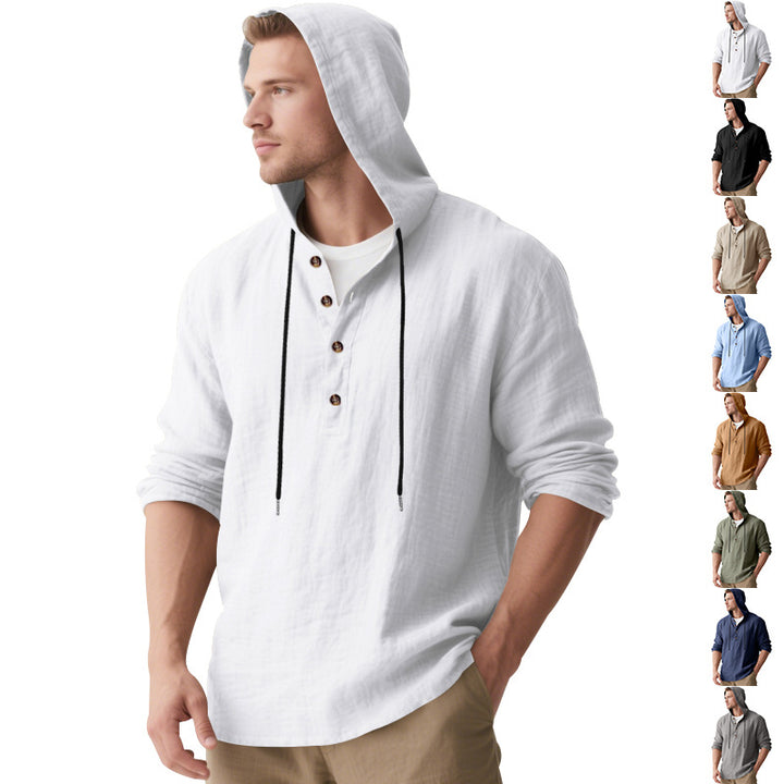 Men's casual linen henley with hood, drawstring and three-button placket Mune Fashion