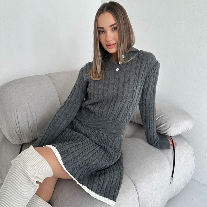 Women's knitted cable set with polo collar and flared A-line skirt Mune Fashion