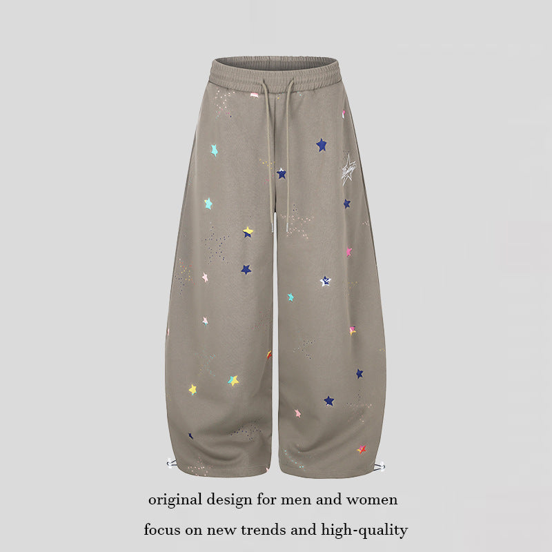 Women's Extra Wide Palazzo Sweatpants in Balloon Cut with Elastic Comfort Waistband, Drawstring, and Star Application Mune Fashion