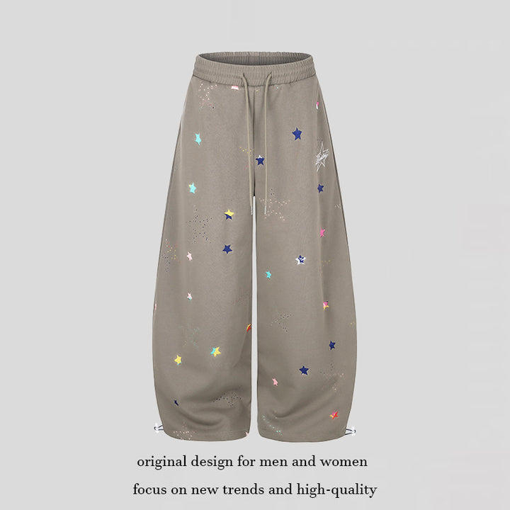 Women's Extra Wide Palazzo Sweatpants in Balloon Cut with Elastic Comfort Waistband, Drawstring, and Star Application Mune Fashion
