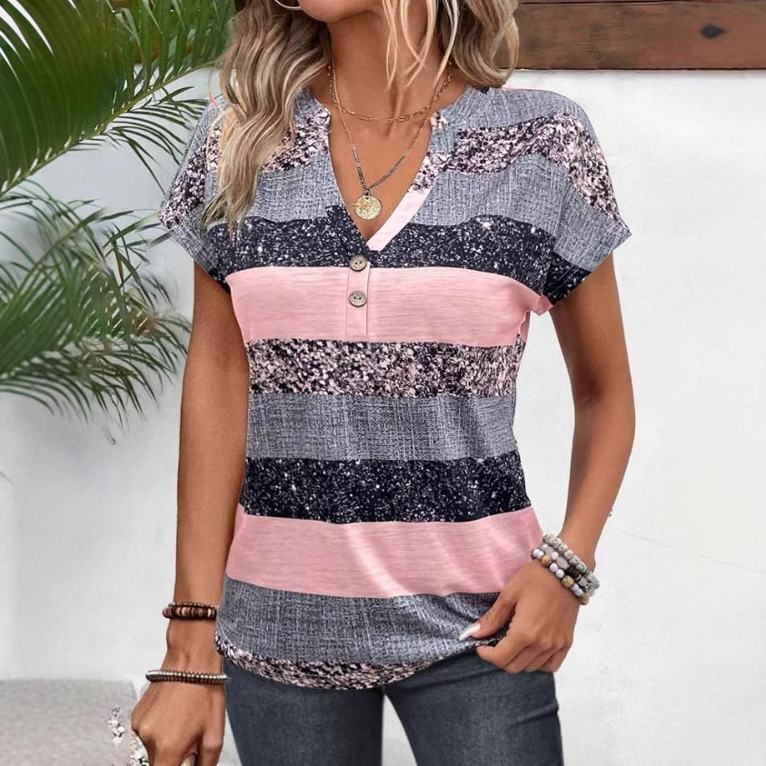 Women's loose short sleeve tunic top with V-neck decorative button placket and rounded hem Mune Fashion