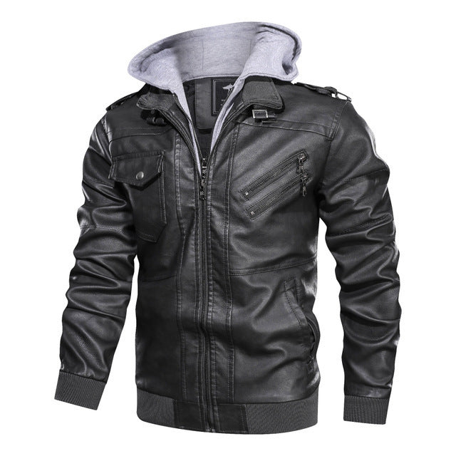 Men's fashionable leather jacket with removable hood Mune Fashion