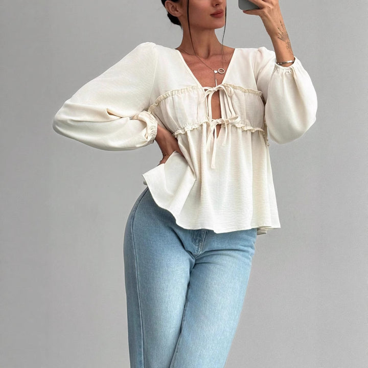 Women's babydoll blouse top with double tying system and balloon sleeves Mune Fashion