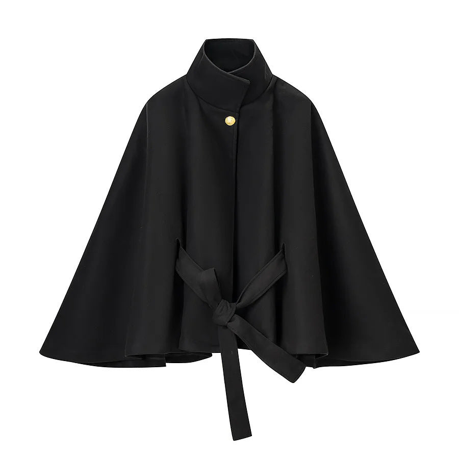 Women tailored wool cape coat with stand-up collar, tie belt, and concealed button placket Mune Fashion