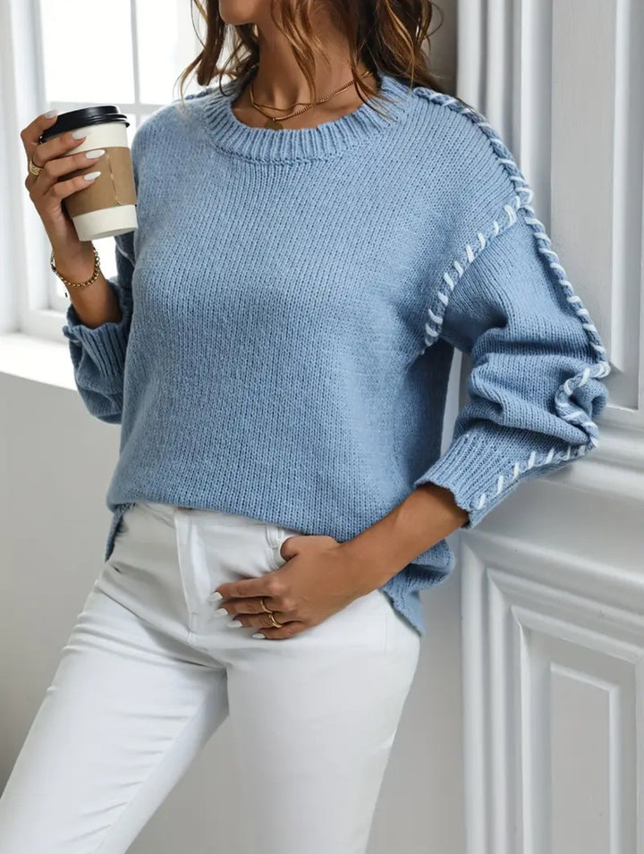 Women's Oversize Knit Sweater with Decorative Cord Braid on Sleeves Mune Fashion
