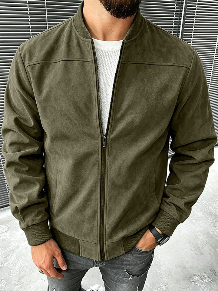 Men's Suede-Like Bomber Jacket with Zipper and Ribbed Cuffs Mune Fashion