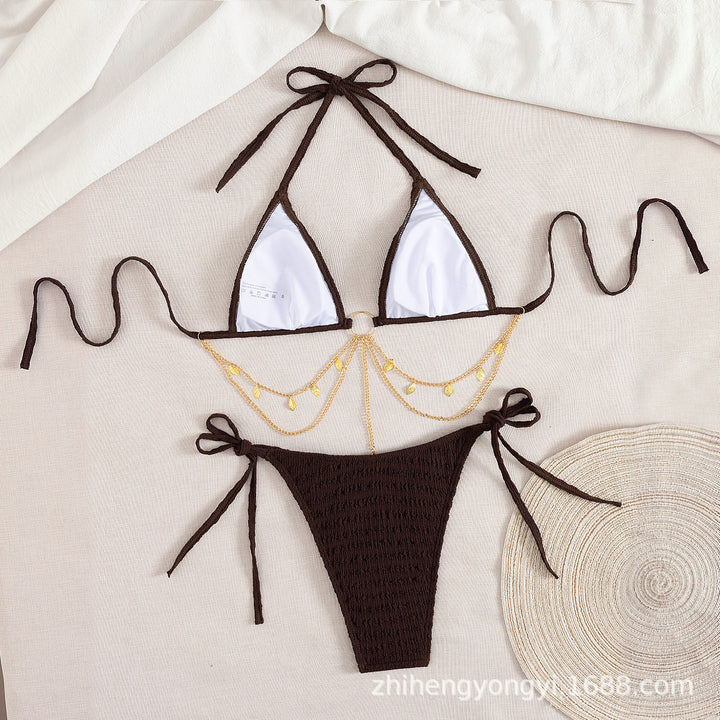 Ladies triangle bikini with golden chain embellishments Mune Fashion