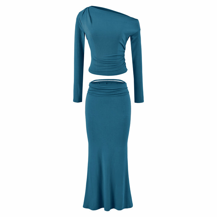 Women's One-Shoulder Two-Piece Set with Ruched Crop Top and Fitted Maxi Skirt Mune Fashion