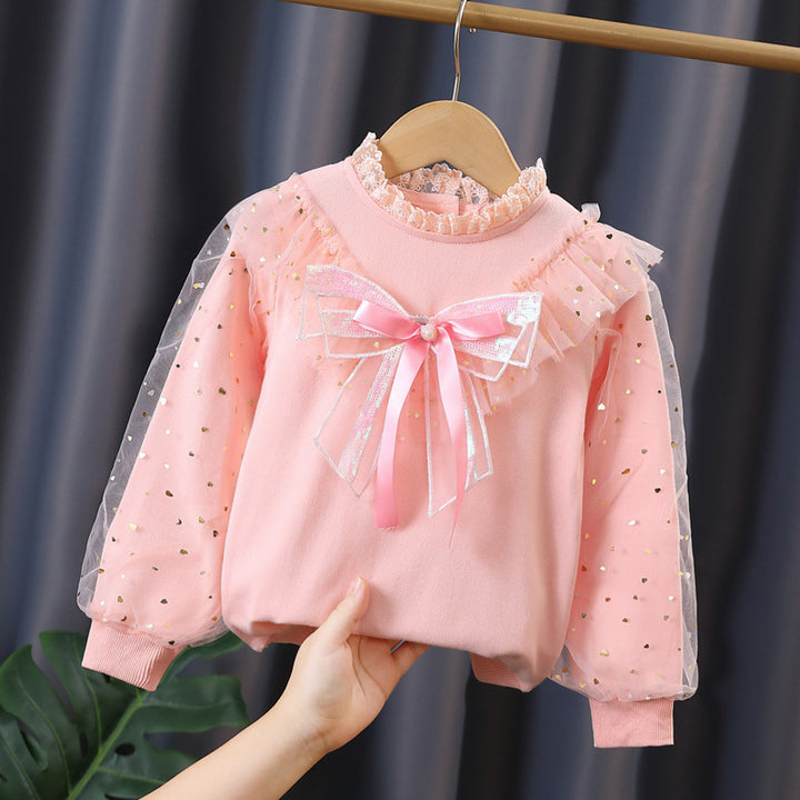 Girls' fashionable sweatshirt with decorative tulle sleeves and bow details Mune Fashion