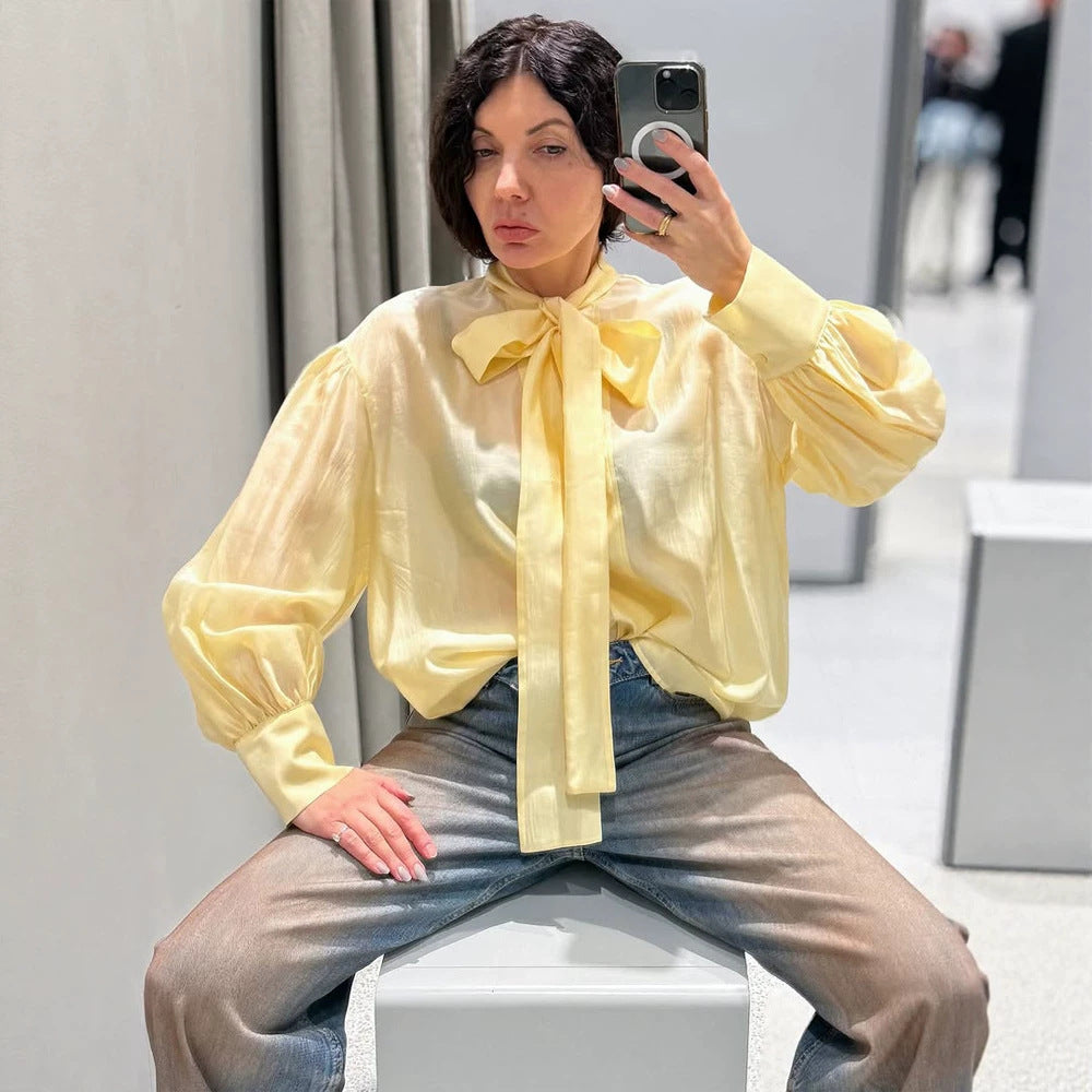 Women's Satin Bow Blouse with Balloon Sleeves & Wide Cuffs Mune Fashion
