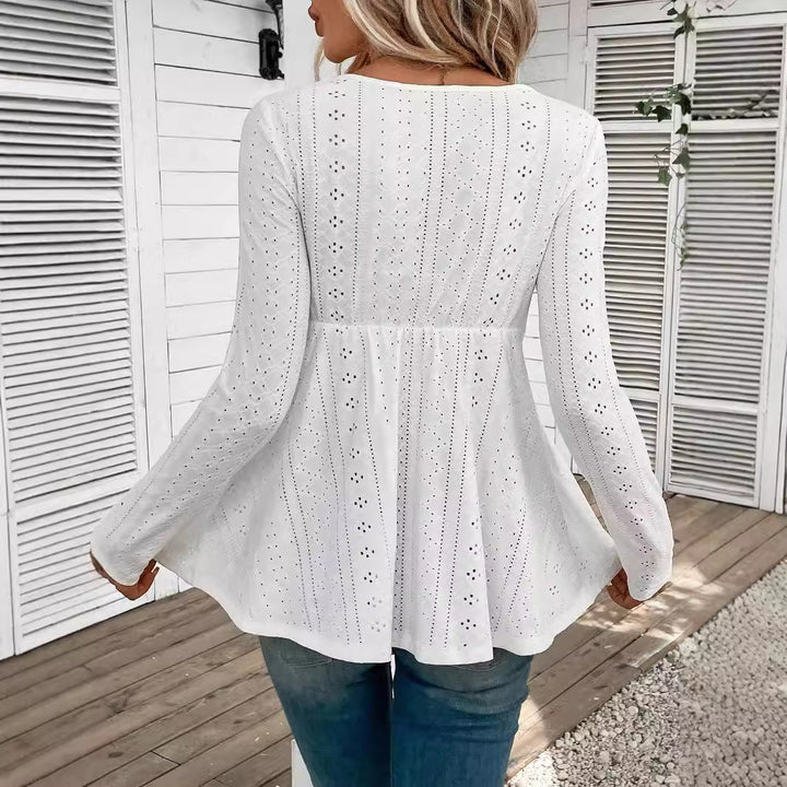 Ladies romantic Broderie-Anglaise tunic with waist lace band and V-neck Mune Fashion
