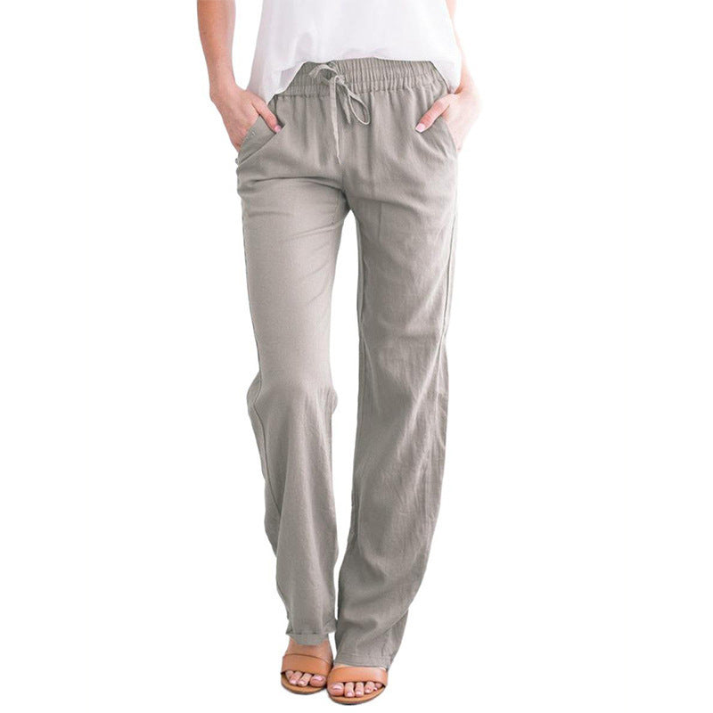 Ladies nan lightweight linen pants with elastic waistband drawstring and wide leg Mune Fashion