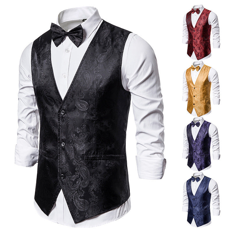 Men's tailored satin vest with ornamental jacquard pattern, V-neck and three buttons Mune Fashion