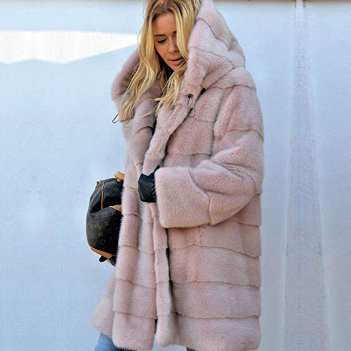 Women's oversized faux fur coat with hood and quilted panel design Mune Fashion