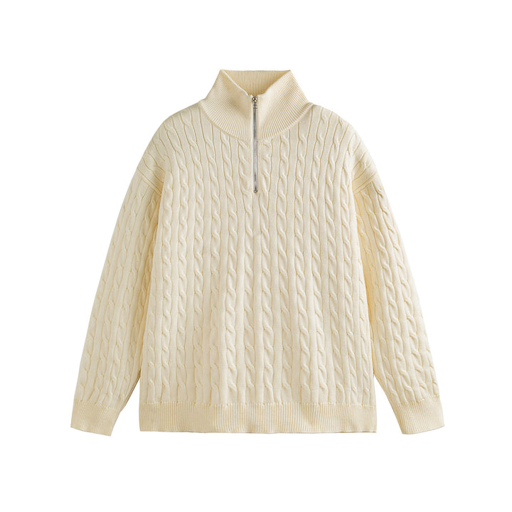 Unisex Thick Knit Cable Pattern Sweater with Half Zip and High Ribbed Collar Mune Fashion
