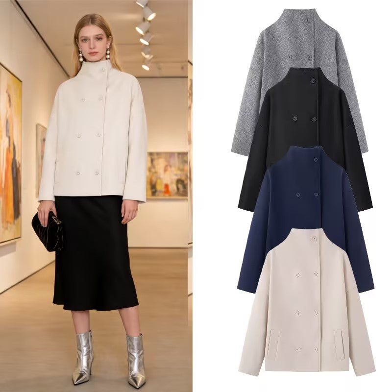 Women's Boxy Wool Jacket in Cocoon Cut with Stand-up Collar and Double-breasted Button Placket Mune Fashion