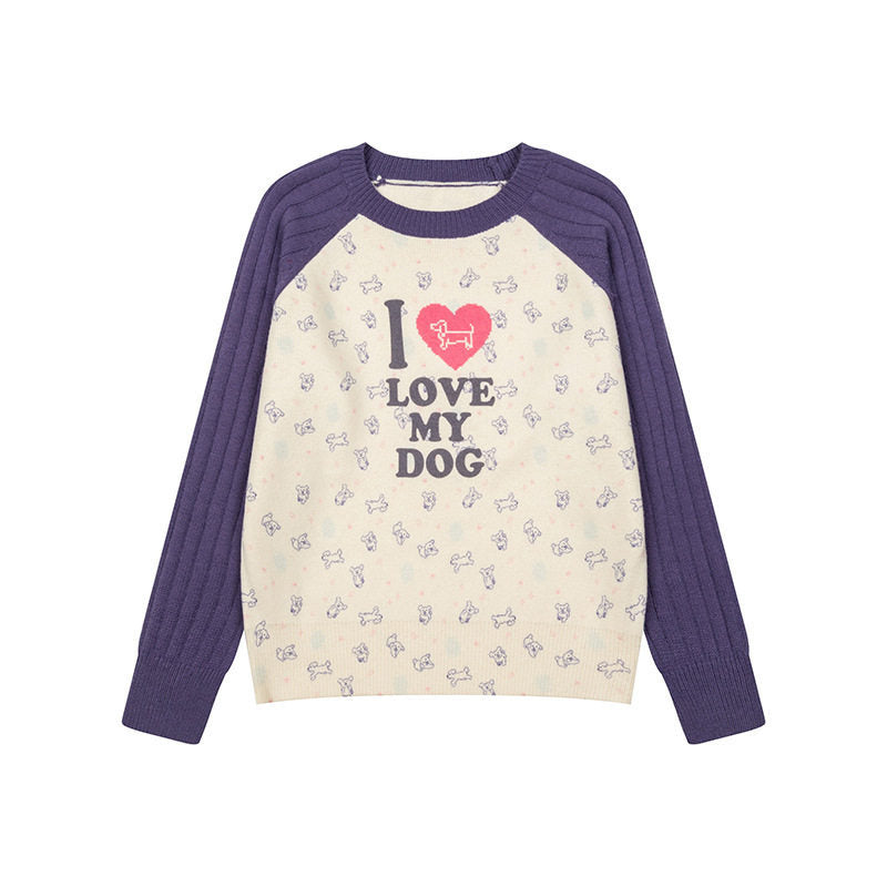 Women's knitted raglan sweater with heart dog motif, ribbed sleeves and all-over print Mune Fashion