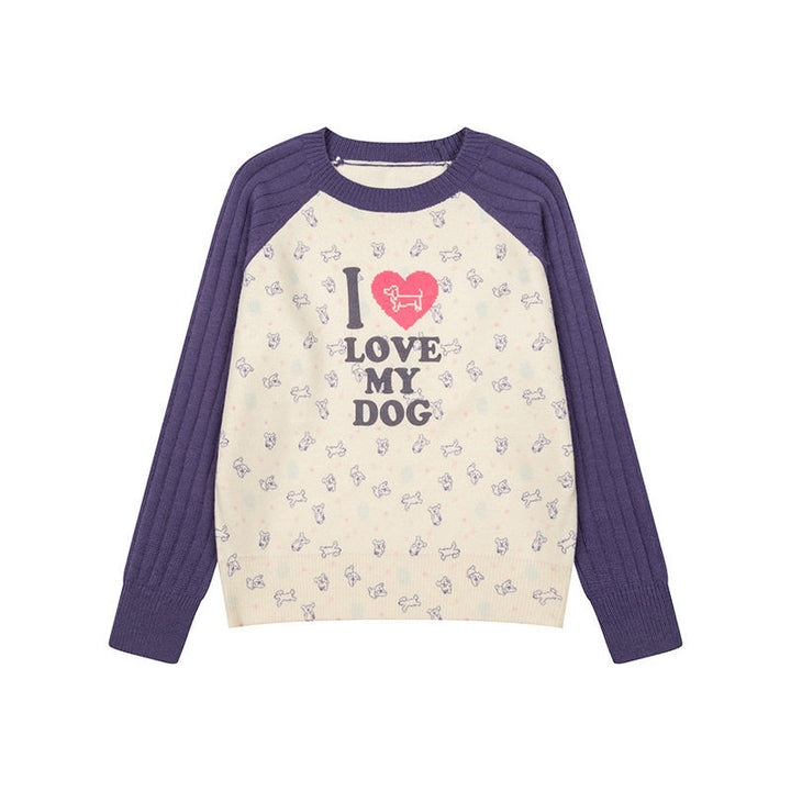 Women's knitted raglan sweater with heart dog motif, ribbed sleeves and all-over print Mune Fashion