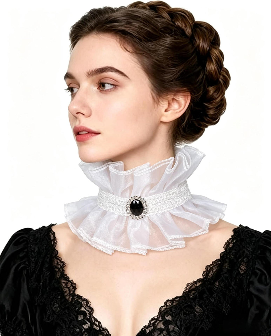 Women's Victorian Ruffled Neck Collar Choker with Decorative Brooch Mune Fashion