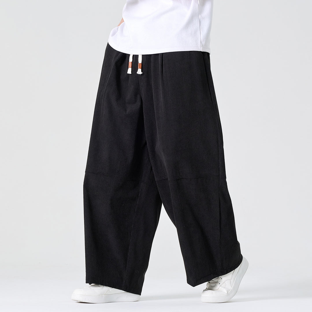 Men's Wide Cord Pants in Palazzo Cut with Elastic Waistband and Drawstring Mune Fashion