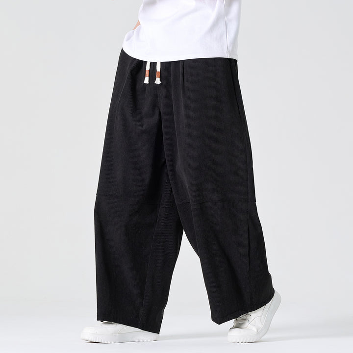 Men's Wide Cord Pants in Palazzo Cut with Elastic Waistband and Drawstring Mune Fashion