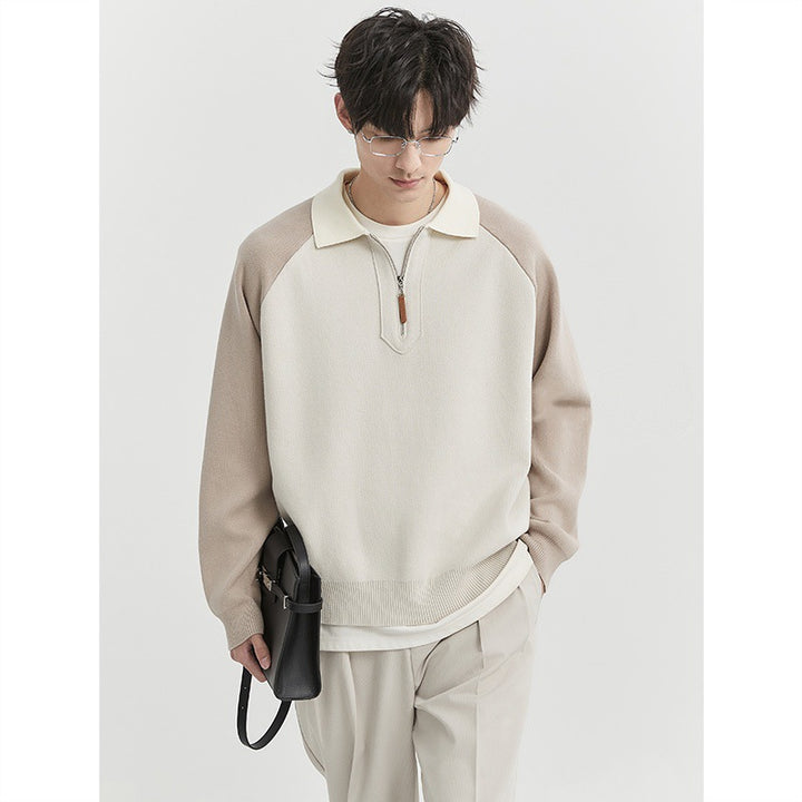 Men's Half-Zip Sweater with Polo Collar and Colorblock Sleeves Mune Fashion