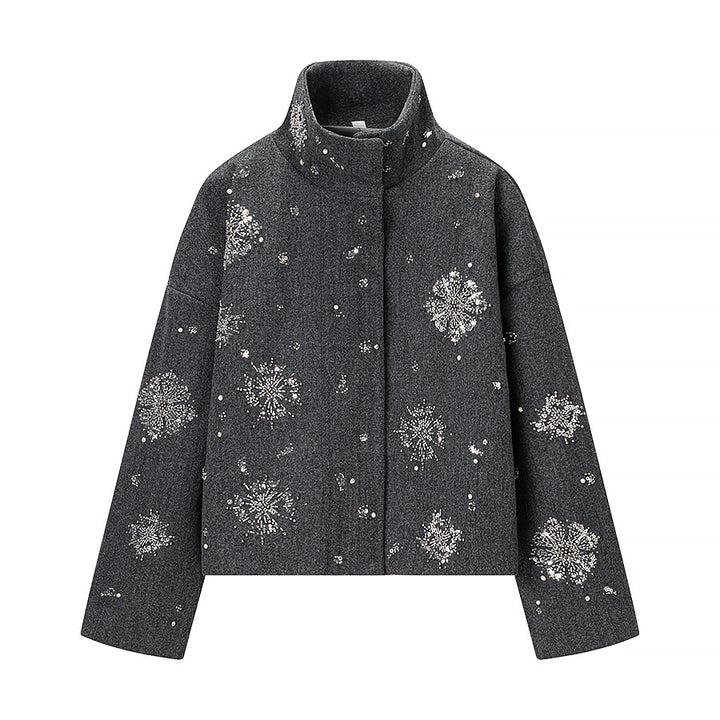 Women's short-cut wool blend coat with stand-up collar and bead sequin embroidery Mune Fashion