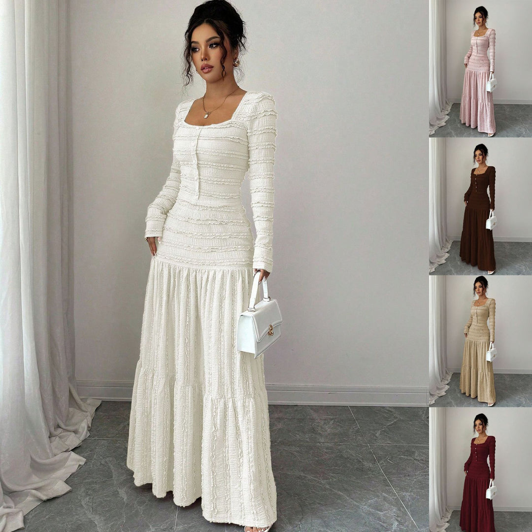 Women's Figure-Hugging Ruffle Maxi Dress with Square Neckline and Button Placket Mune Fashion