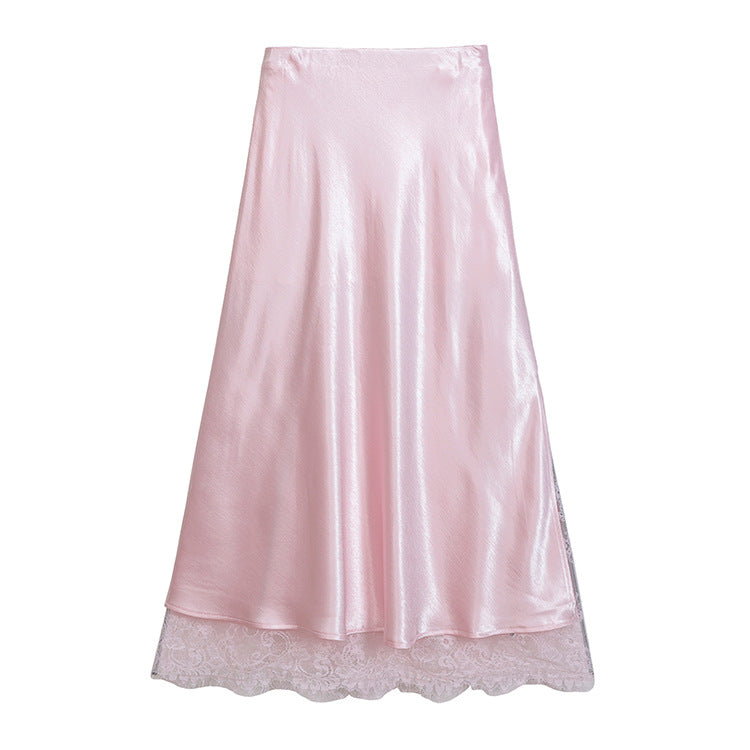 Women's flared satin midi skirt with fine lace lining and seamless waistband Mune Fashion