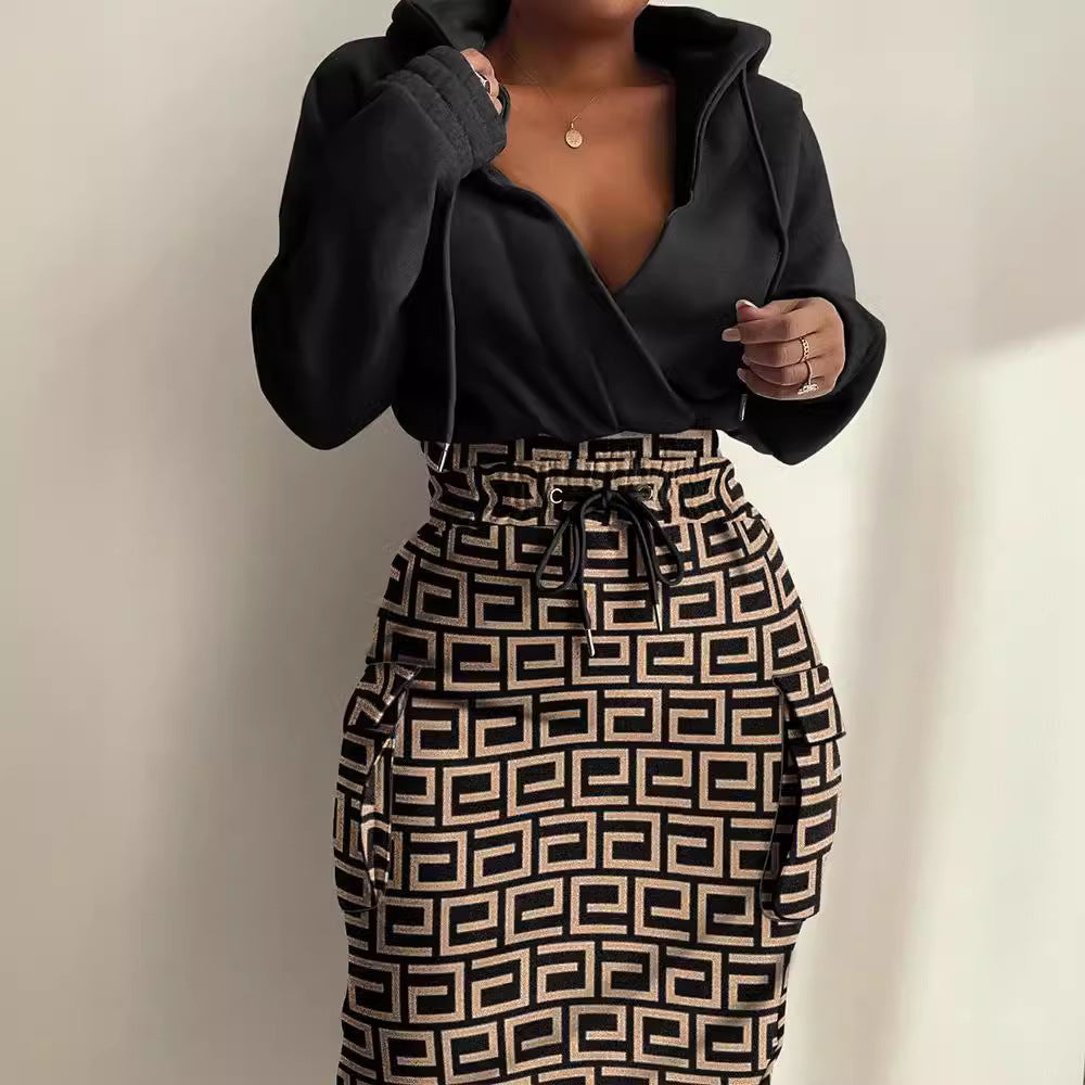 Women's Hooded Sweat Dress with V-Neck, Drawstring Waist and Cargo Pockets Mune Fashion