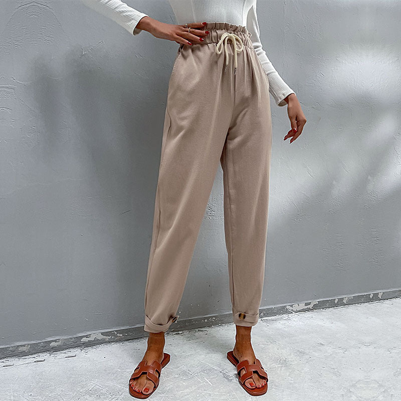 Women's Casual High-Waisted Pants with Drawstring, Side Pockets, and Tapered Leg Shape Mune Fashion