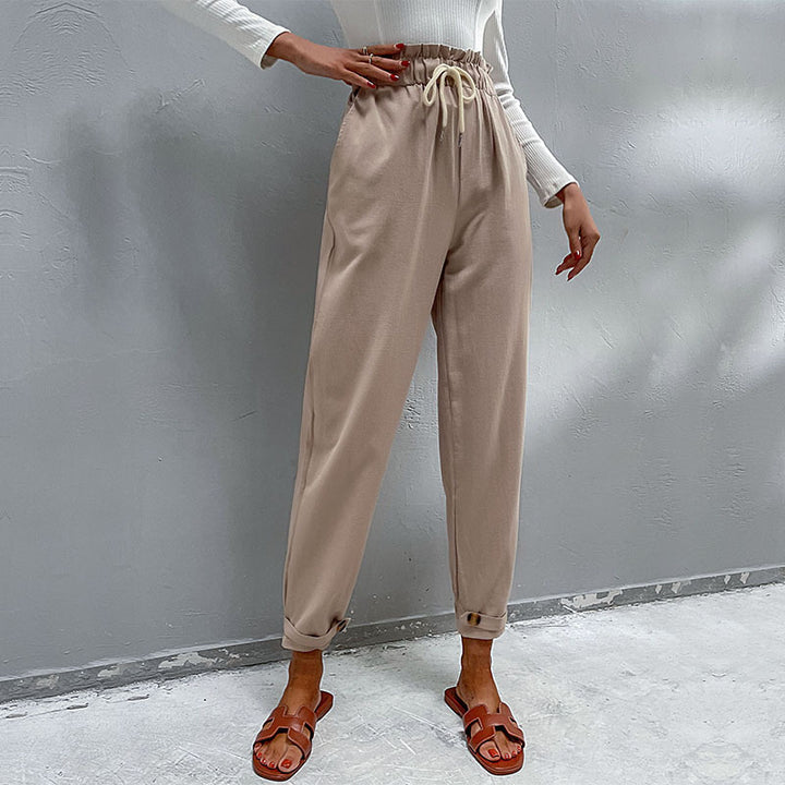 Women's Casual High-Waisted Pants with Drawstring, Side Pockets, and Tapered Leg Shape Mune Fashion