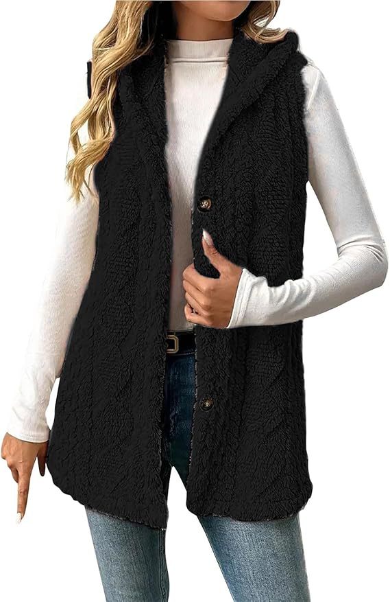 Women Fleece Lined Teddy Vest with Hood and Button Closure Mune Fashion